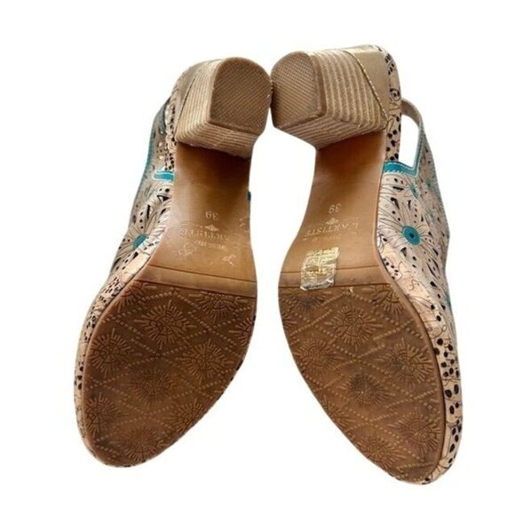 L"Artiste by Spring Step VTG Floral Tan-Teal Laser-Cut Floral Slingback Heels 39 - Picture 5 of 8